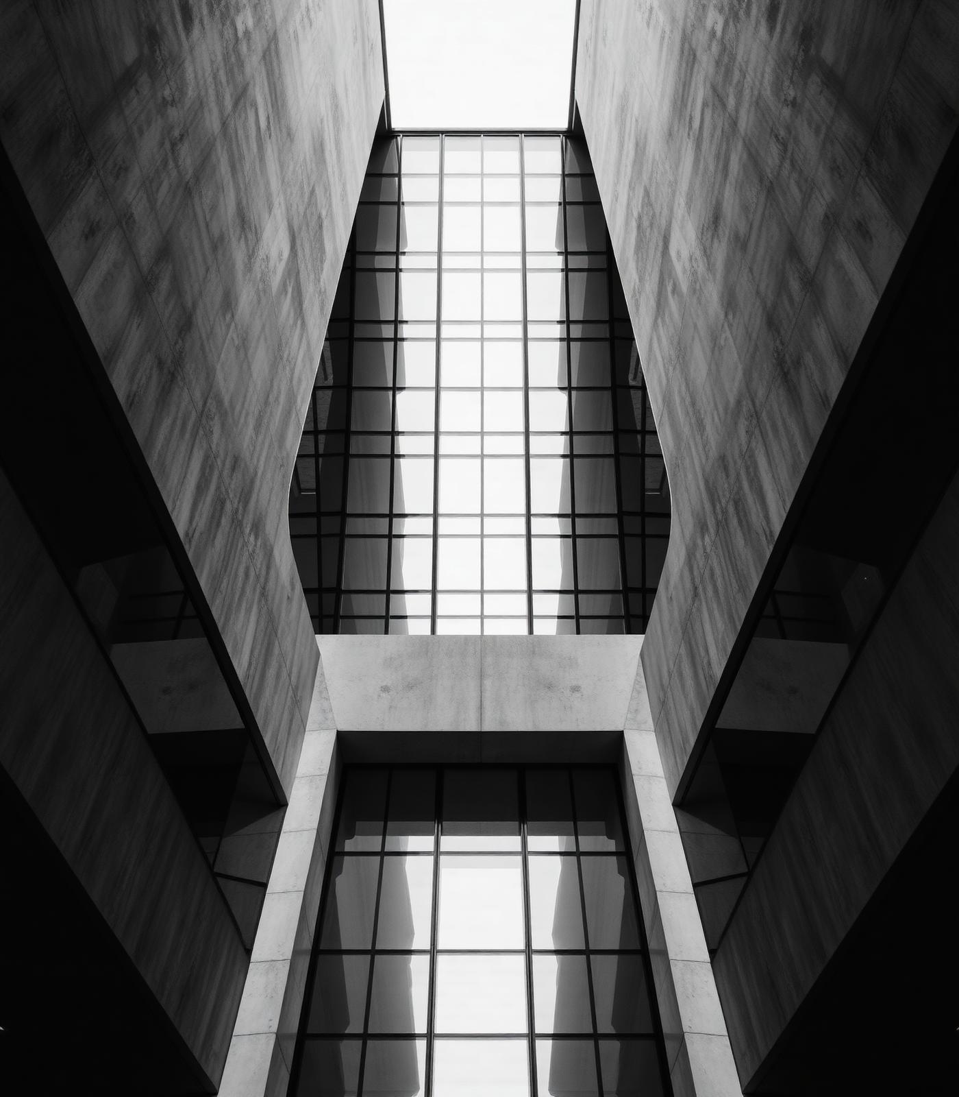 Looking up between two concrete facades toward a glass roof of a modern building